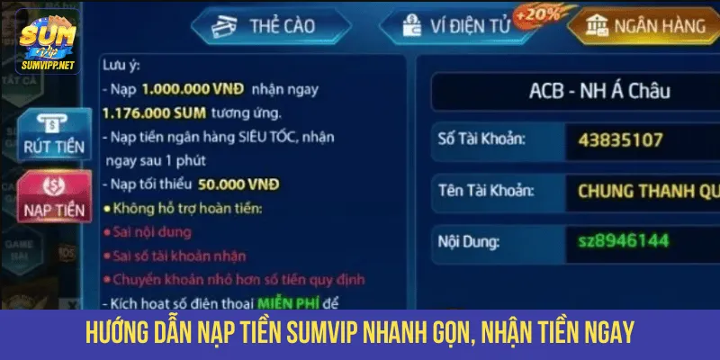 Hướng dẫn nạp tiền SUMVIP nhanh gọn